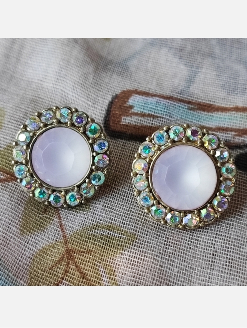 Aurora Borealis Opaline Faceted Pierced Round Earrings Vintage Reproduction NEW